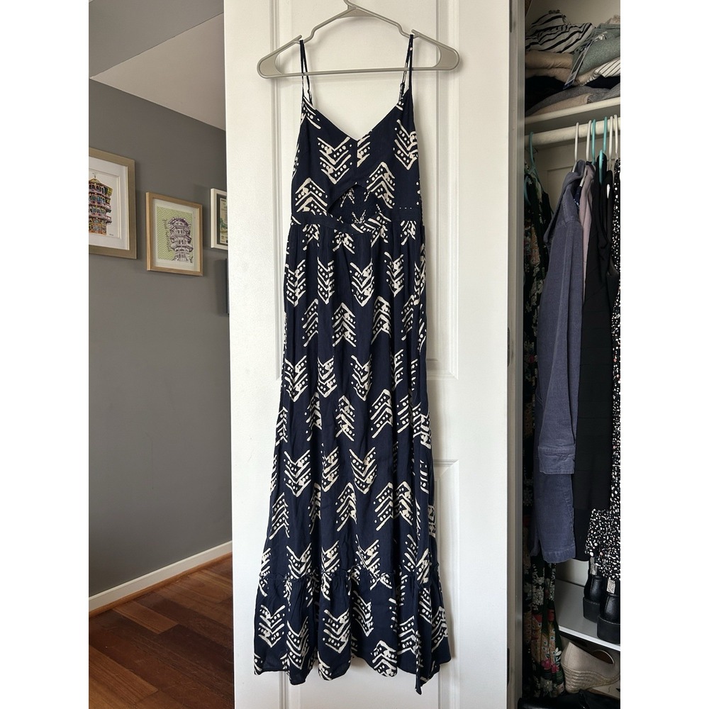 Aerie Maxi Dress Navy Blue Spaghetti Strap V-Neck Cutout Front Stretch Sz Small